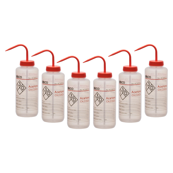 6PK Performance Plastic Wash Bottle, Acetone, 1000 ml - Labeled (2 Color)