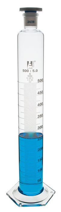 Measuring Cylinder, 500ml - Class A - 24/29 Polypropylene Stopper - Hexagonal Base, White Graduations - Borosilicate Glass - Eisco Labs