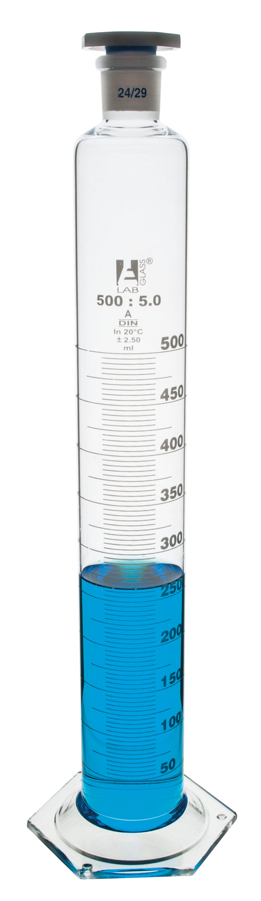 Measuring Cylinder, 500ml - Class A - 24/29 Polypropylene Stopper - Hexagonal Base, White Graduations - Borosilicate Glass - Eisco Labs