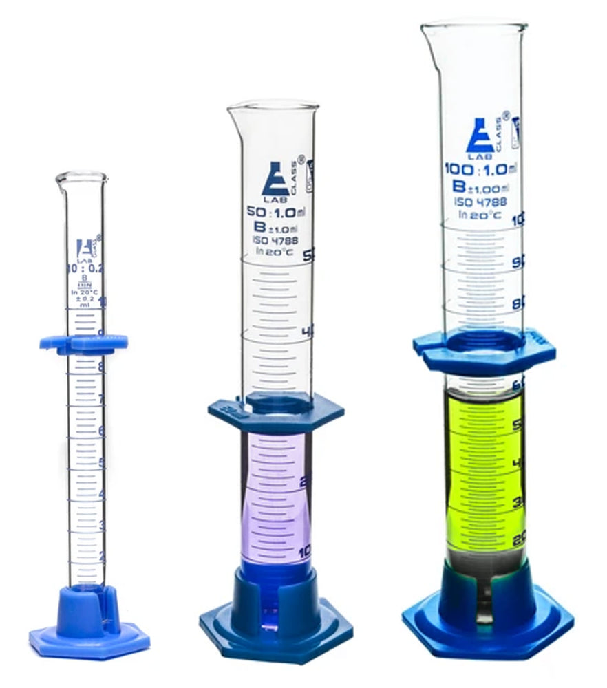 Measuring Cylinder Set, Class B - 10ml, 50ml & 100ml - Detachable, Plastic Hexagonal Bases & Protective Collars - Blue Graduations - Borosilicate Glass - Eisco Labs