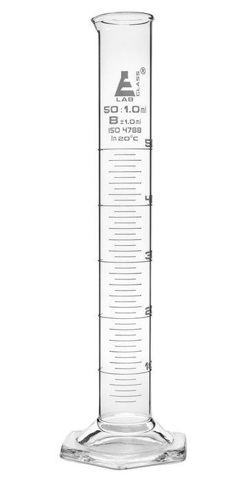 Graduated Cylinder, 50ml - Class B - White Graduations, Hexagonal Base