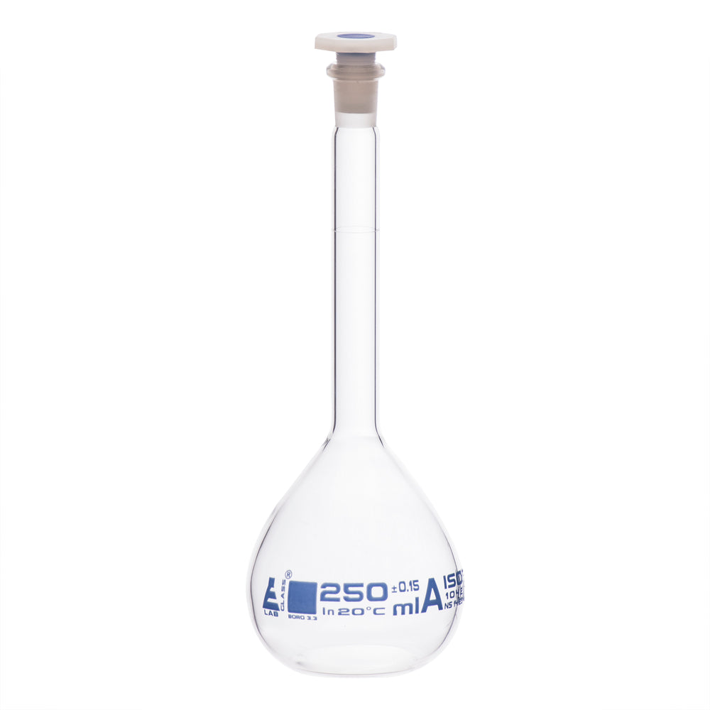 Volumetric Flask, 250ml - Class A - 14/23 Polyethylene Stopper, Borosilicate Glass - Blue Graduation, Tolerance ±0.150 - Eisco Labs