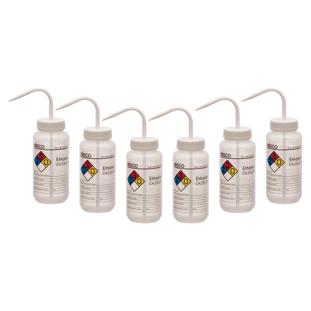 6PK Performance Plastic Wash Bottle, Ethanol, 500 ml - Labeled (4 Color)