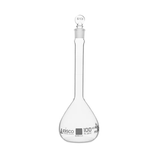 Volumetric Flask, 100ml - ASTM, Class A Tolerance ±0.08ml - #13 Glass Stopper - Single, White Graduation - Borosilicate Glass - Eisco Labs