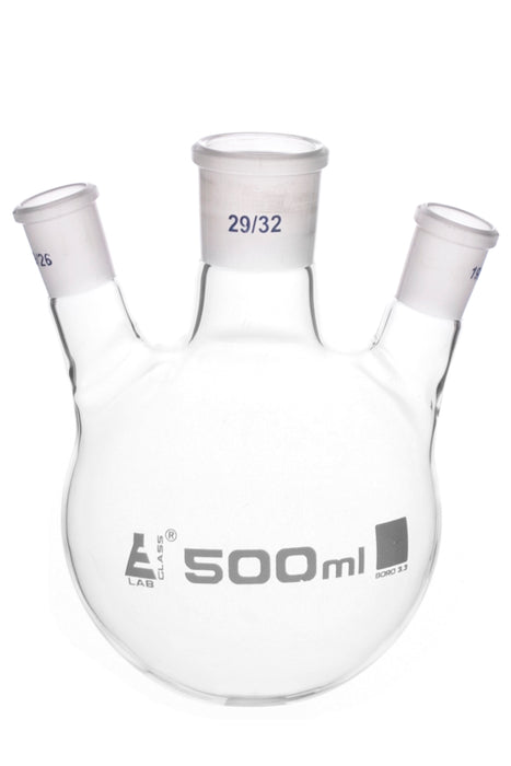Distilling Flask, 500ml - 3 Angled Necks, 29/32 Center, 19/26 Side Sockets - Interchangeable Ground Joints - Round Bottom - Borosilicate Glass - Eisco Labs