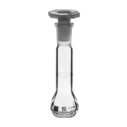 Volumetric Flask, 5ml - Class A - 10/19 Polyethylene Stopper, Borosilicate Glass - White Graduation, Tolerance ±0.025 - Eisco Labs