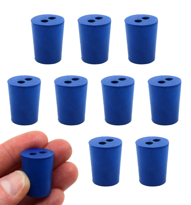 Neoprene Stoppers, 2 Holes - Blue - Size: 15mm Bottom, 18mm Top, 24mm Length - Pack of 10