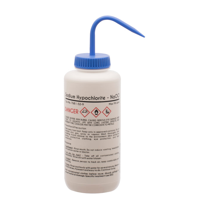 Performance Plastic Wash Bottle,  Sodium Hypochlorite (Bleach), 1000 ml - Labeled (4 Color)