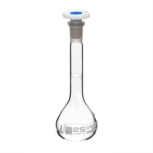 Volumetric Flask, 25ml - Class B - 10/19 Polyethylene Stopper, Borosilicate Glass - White Graduation, Tolerance ±0.080 - Eisco Labs