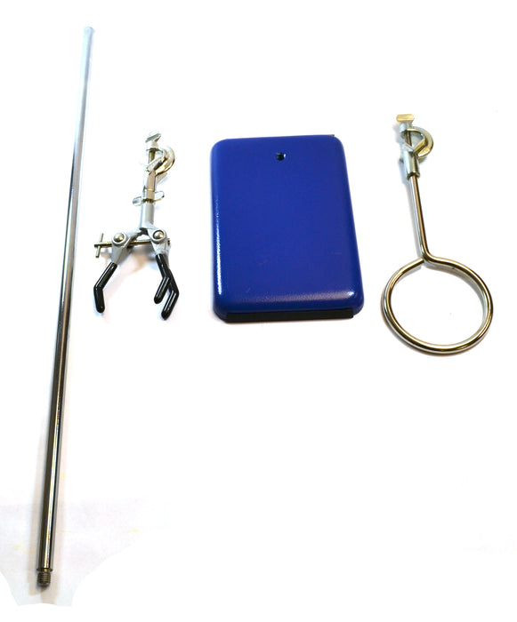 4 Piece Set - Rectangular Retort Stand, Rod, Clamp & Ring Set - 8"x5" Steel Base, 23.6" Stainless Steel Rod, 3" Steel Support Rings, 3-Pronged Coated Clamp - Eisco Labs