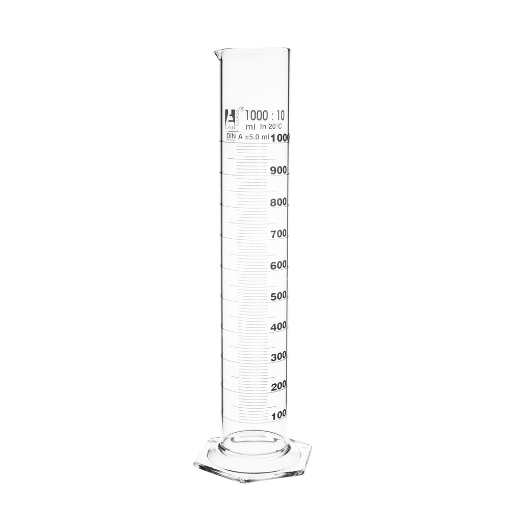 Measuring Cylinder, 1000ml - Class A, Tolerance: ±5.00ml - Hexagonal Base - White Graduations - Borosilicate Glass - Eisco Labs