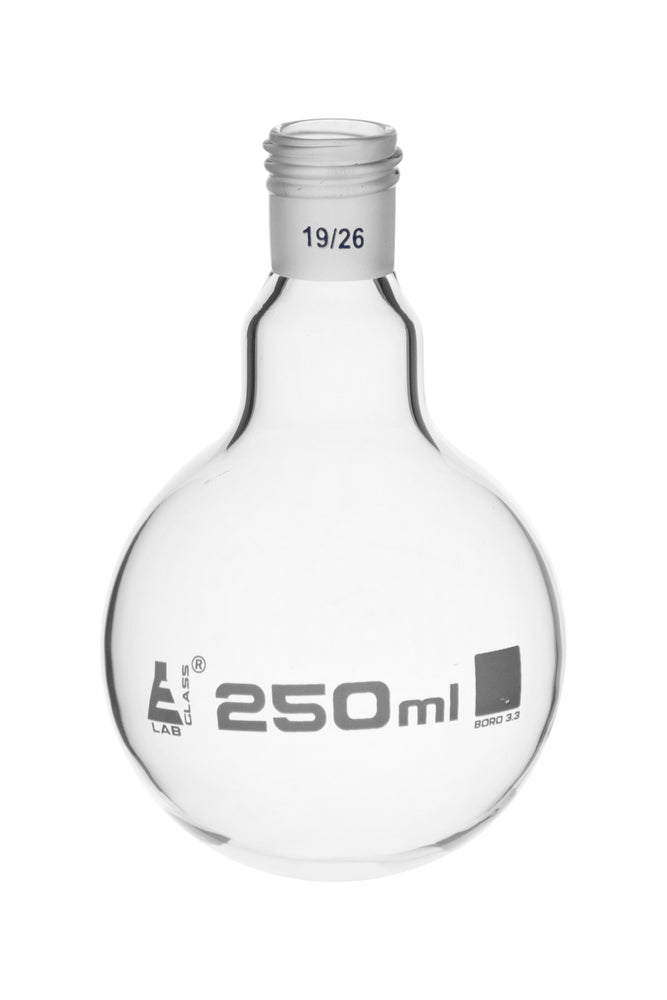 Boiling Flask with 19/26 Joint, 250ml Capacity, Round Bottom, Interchangeable Screw Thread Joint, Borosilicate Glass - Eisco Labs
