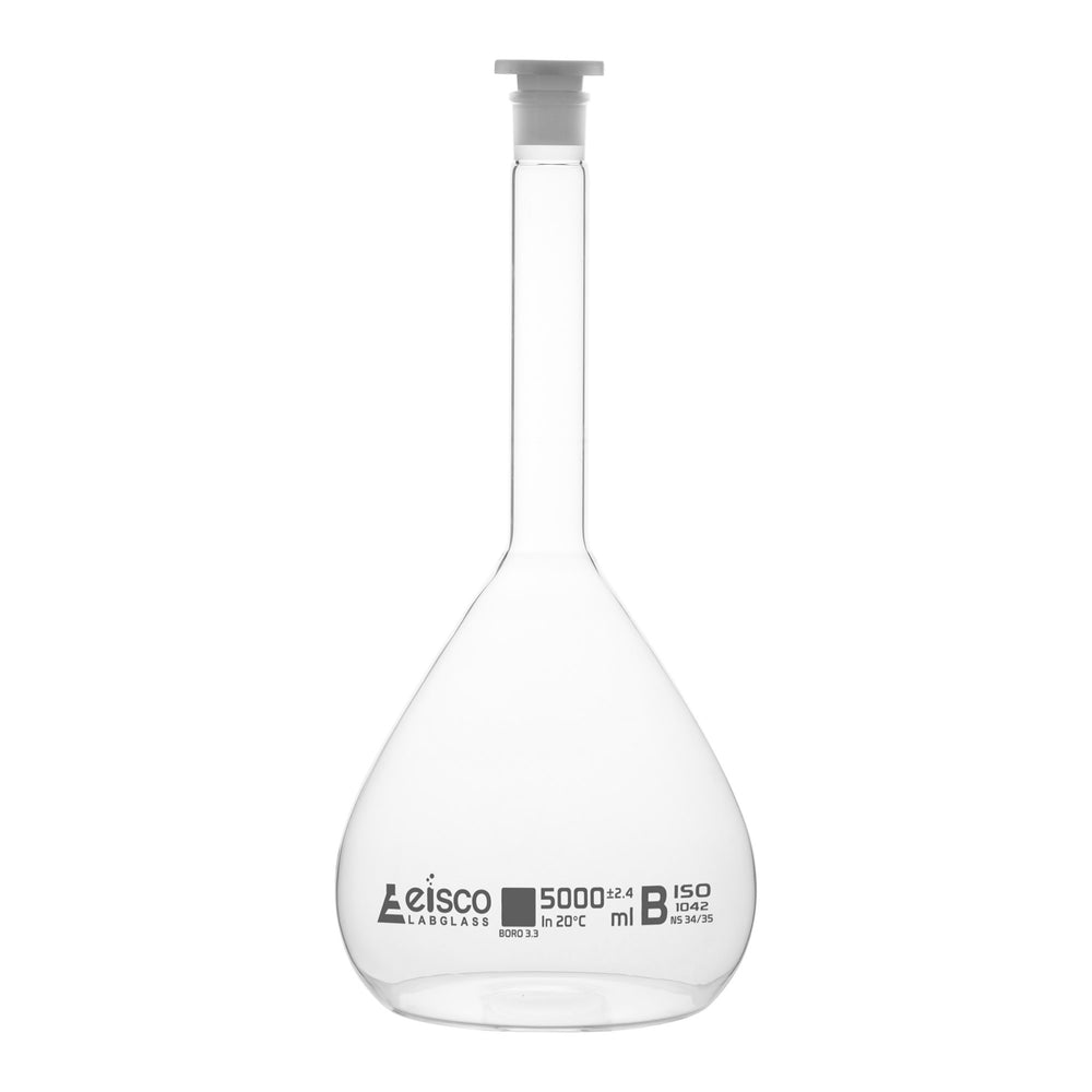 Volumetric Flask, 5000ml - Class B - 29/32 Polyethylene Stopper, Borosilicate Glass - Blue Graduation, Tolerance ±2.400 - Eisco Labs