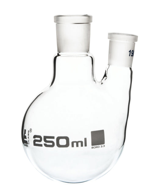 Distilling Flask with 2 Parallel Necks, 2000mL - Round Bottom - 34/35 Center Socket, 19/26 Side Socket - Borosilicate Glass