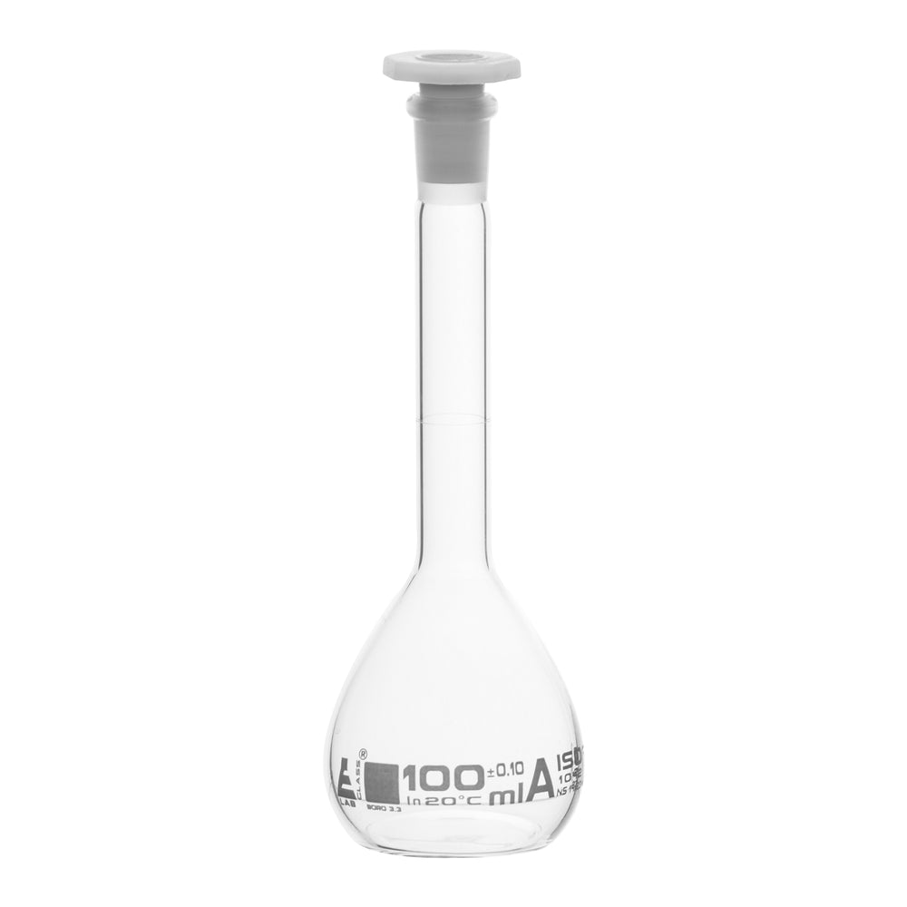 Volumetric Flask, 100ml - Class A - 14/23 Polyethylene Stopper, Borosilicate Glass - White Graduation, Tolerance ±0.100 - Eisco Labs