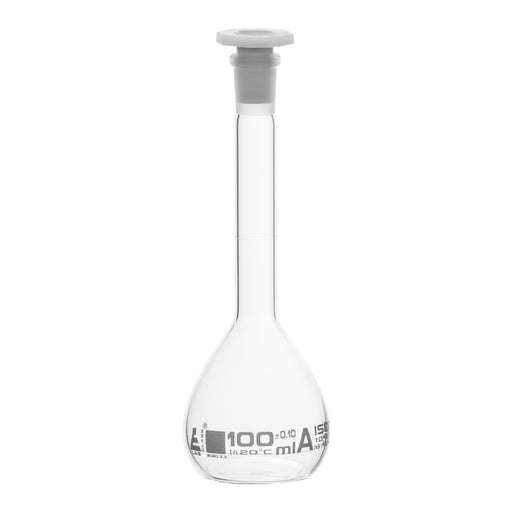 Volumetric Flask, 100ml - Class A - 14/23 Polyethylene Stopper, Borosilicate Glass - White Graduation, Tolerance ±0.100 - Eisco Labs