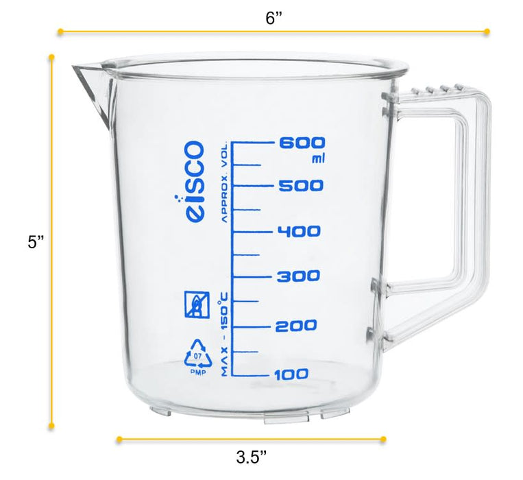Measuring Jug, 600ml - TPX Plastic - Printed Graduations - Chemical Resistant, Autoclavable - Short Form - Handle with Thumb Grip - Eisco Labs