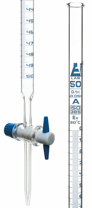 Eisco Labs Borosilicate Burette, Straight Bore, PTFE Stopcock - 50mL cap., 0.10mL grad., Class A tolerance