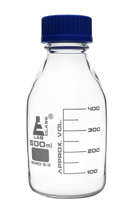 Reagent Bottle, 500ml - Transparent with Blue Screw Cap - White Graduations - Borosilicate 3.3 Glass - Eisco Labs