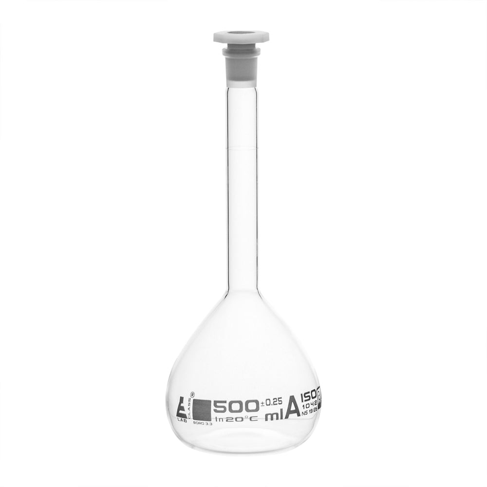 Volumetric Flask, 500ml - Class A - 19/26 Polyethylene Stopper, Borosilicate Glass - White Graduation, Tolerance ±0.250 - Eisco Labs