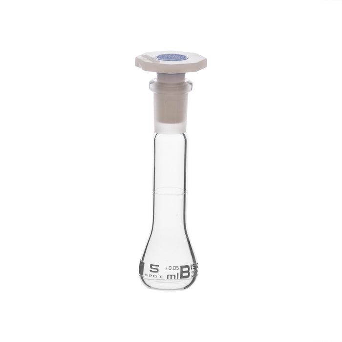 Volumetric Flask, 5ml - Class B - 10/19 Polyethylene Stopper, Borosilicate Glass - White Graduation, Tolerance ±0.050 - Eisco Labs