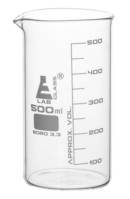 6PK Beakers, 500ml - Tall Form - White Graduations - Borosilicate Glass