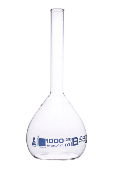 Volumetric Flask, 1000ml - Class B - Borosilicate Glass - Blue Graduation, Tolerance ±0.800 - No Stopper, Beaded Rim - Eisco Labs