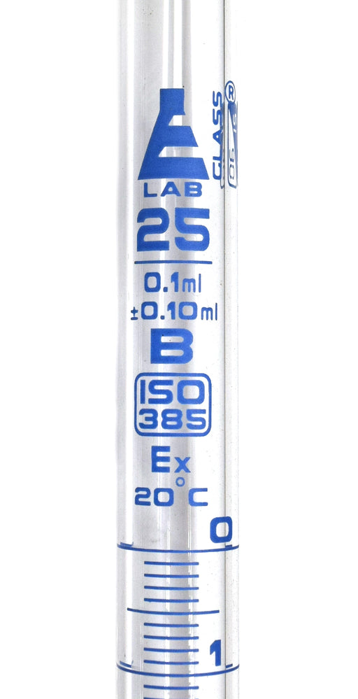 Burette, 25ml - Class B, DIN ISO 385, Borosilicate Glass with Glass Key Stopcock, 0.10ml Graduations - Eisco Labs
