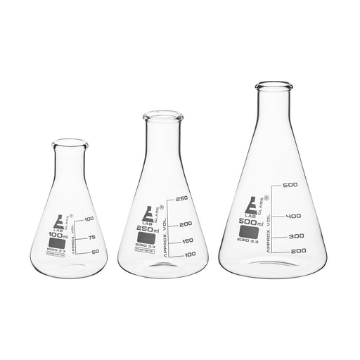 Safety Pack Erlenmeyer Flask Set - 100, 250 & 500ml - Borosilicate Glass