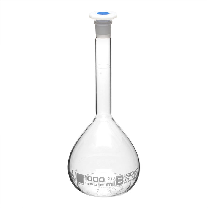 Volumetric Flask, 1000ml - Class B - 24/29 Polyethylene Stopper, Borosilicate Glass - White Graduation, Tolerance ±0.800 - Eisco Labs