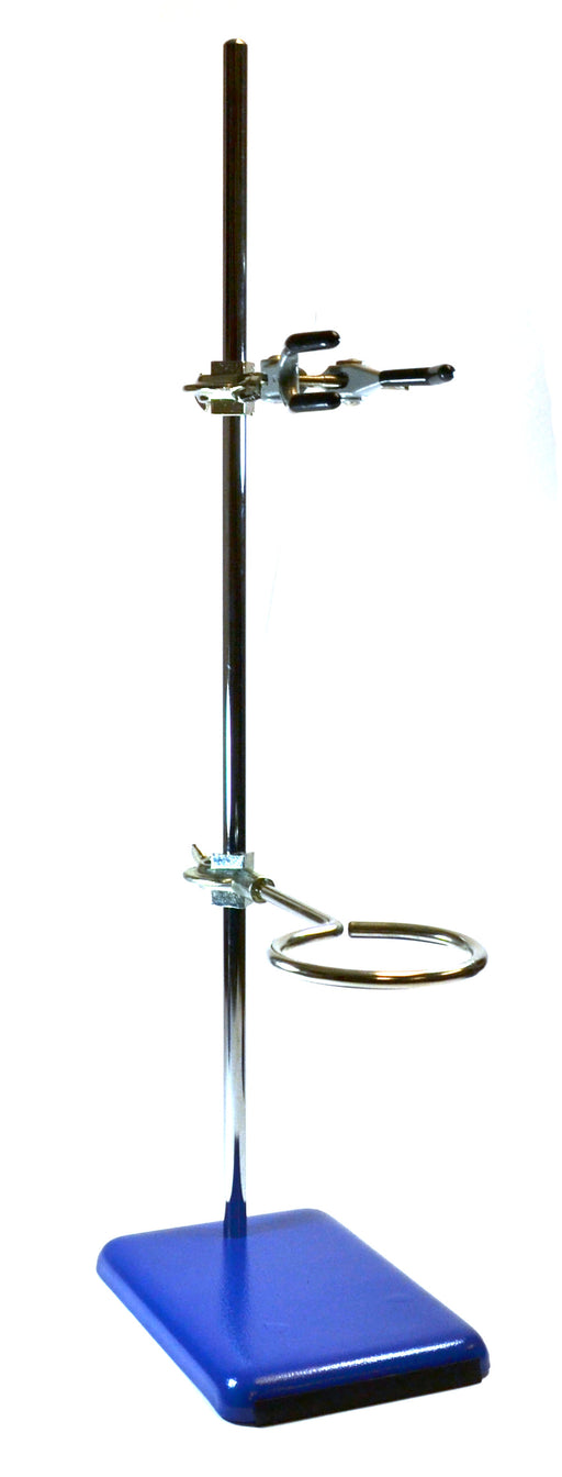 4 Piece Set - Rectangular Retort Stand, Rod, Clamp & Ring Set - 8"x5" Steel Base, 23.6" Stainless Steel Rod, 3" Steel Support Rings, 3-Pronged Coated Clamp - Eisco Labs