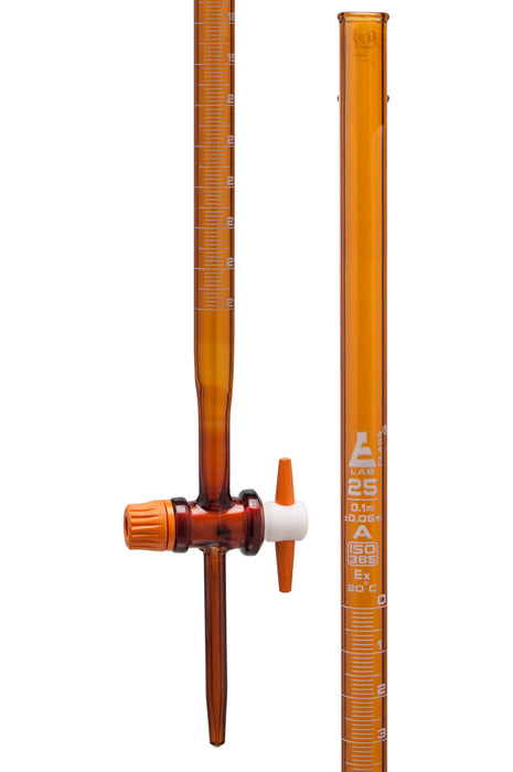 Burette, Amber, 25mL - Class A - With PTFE Stopcock - Borosilicate Glass