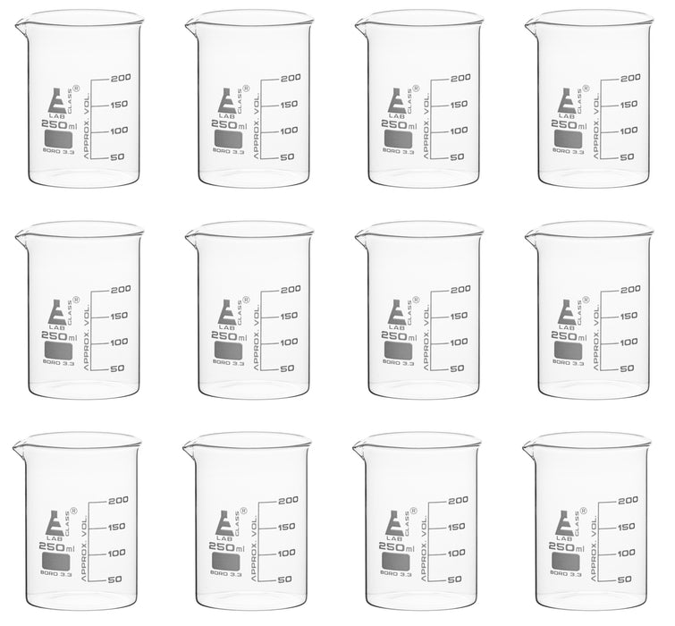 12PK Beakers, 250ml - Low Form - 50ml Graduations - Borosilicate Glass