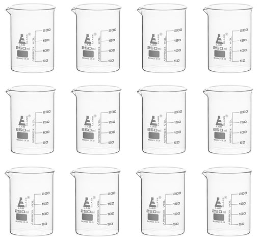 12PK Beakers, 250ml - Low Form - 50ml Graduations - Borosilicate Glass