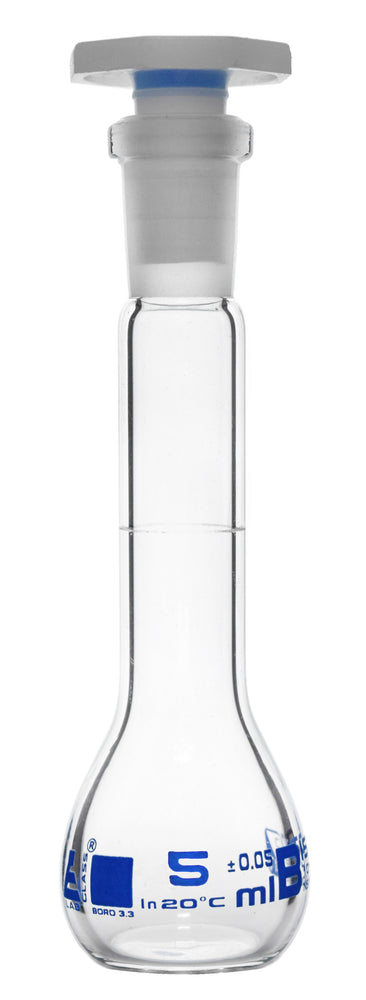 Volumetric Flask, 5ml - Class B Tolerance ±0.05ml - 10/19 Polyethylene Stopper - Single, White Graduation - Borosilicate Glass - Eisco Labs