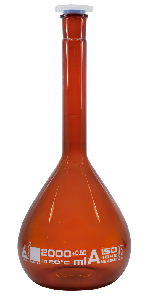 Volumetric Flask, 2000ml - Class A - 29/32 Polypropylene Stopper, Borosilicate Glass, Amber - White Graduation Mark, Tolerance ±0.600 ml - Eisco Labs