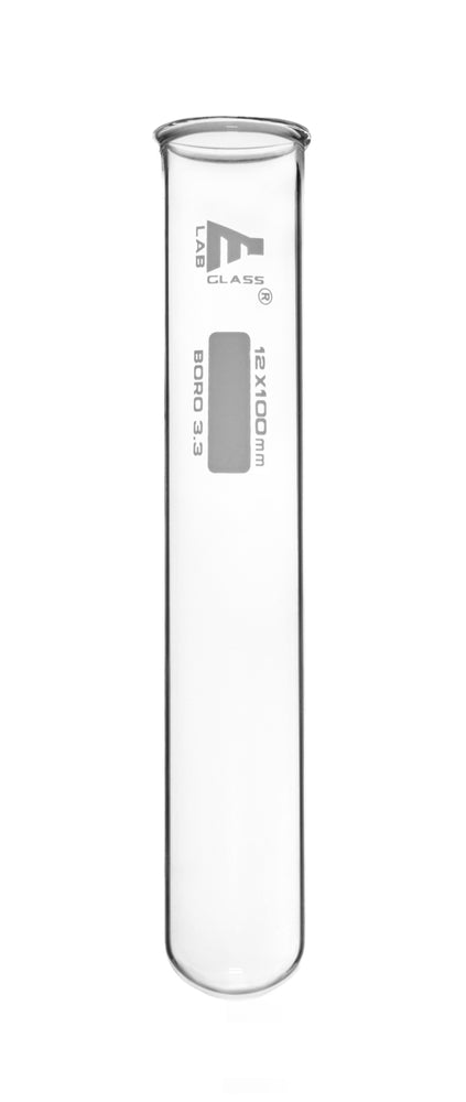100PK Test Tubes, 7mL, 12x100mm - Rimmed - Marking Spot - Light Wall, 1mm Thick - Borosilicate 3.3 Glass