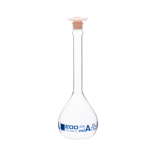 Volumetric Flask, 200ml - Class A - Polypropylene Stopper, Borosilicate Glass - Blue Graduation, Tolerance ±0.100 - Eisco Labs