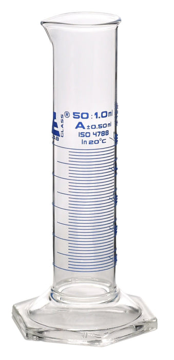 Measuring Cylinder, 50ml - Class A - Squat Form, Blue Graduations