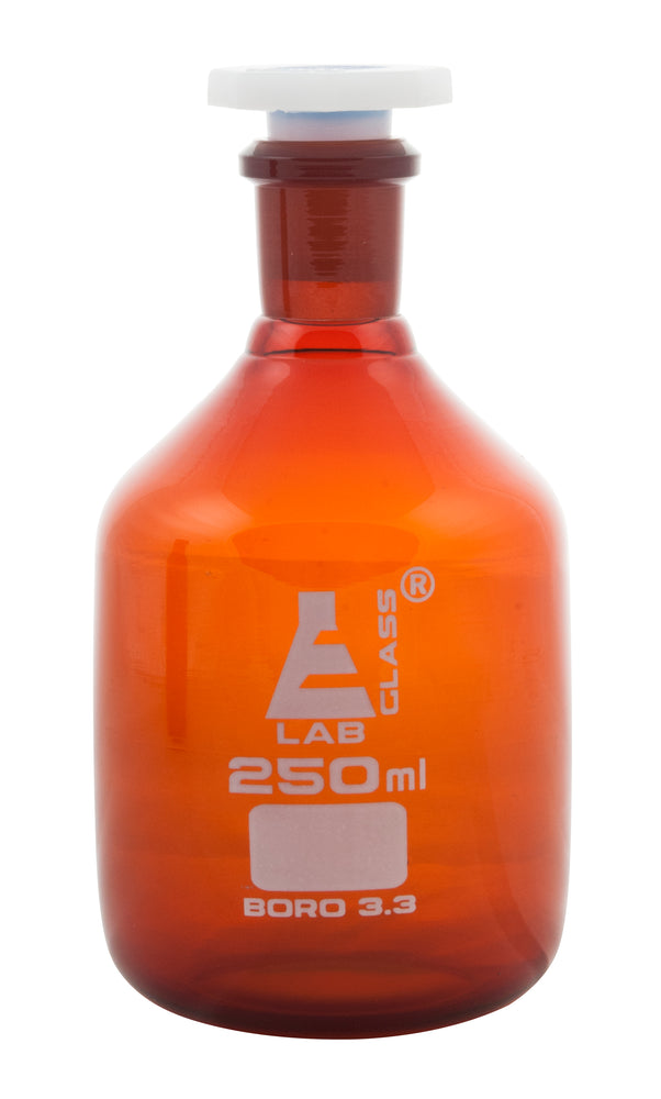 Eisco Labs 250ml Amber Reagent Bottle , Narrow Mouth with Acid Proof Polypropylene stopper, socket size 19/26