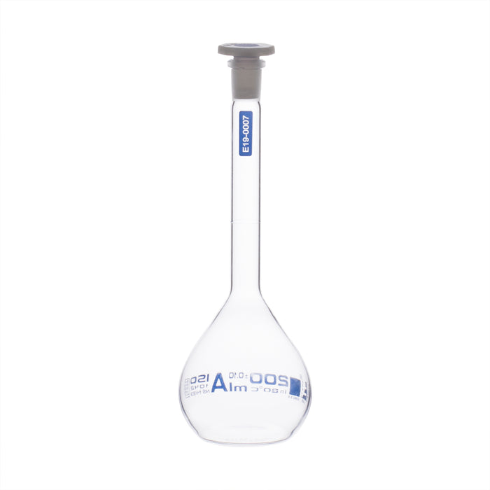 Volumetric Flask, 200ml - Class A, ASTM - Polypropylene Stopper - Blue Graduation - Borosilicate Glass