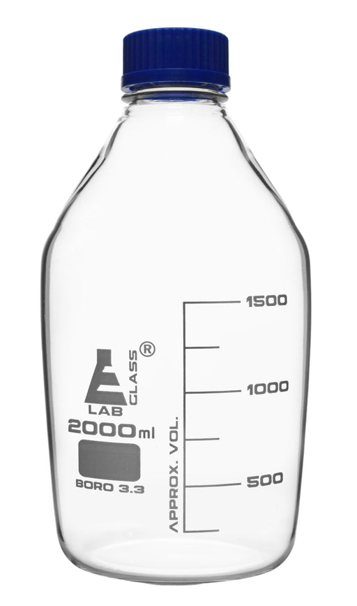 Reagent Bottle, 2000ml - Transparent with Blue Screw Cap - White Graduations - Borosilicate 3.3 Glass - Eisco Labs