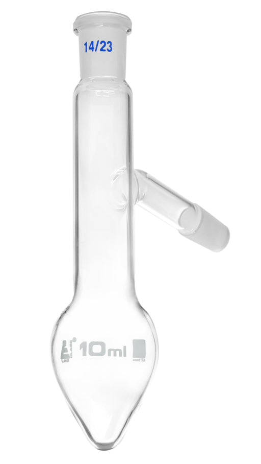 Distilling Flask, 10ml - 14/23 Joint & Side Socket - Borosilicate Glass, Pear Shape - Short Neck - Eisco Labs