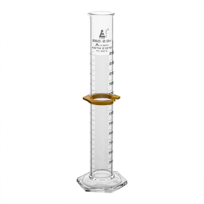 Graduated Cylinder, 250mL - ASTM Class A - Protective Collar, Hexagonal Base - White Graduations - Borosilicate Glass