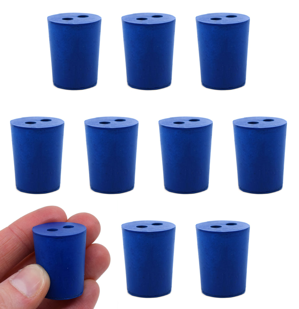 Neoprene Stoppers, 2 Holes - Blue - Size: 19mm Bottom, 22mm Top, 28mm Length - Pack of 10