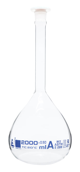 Volumetric Flask, 2000ml - ASTM, Class A - Polypropylene Stopper - Borosilicate 3.3 Glass - Eisco Labs
