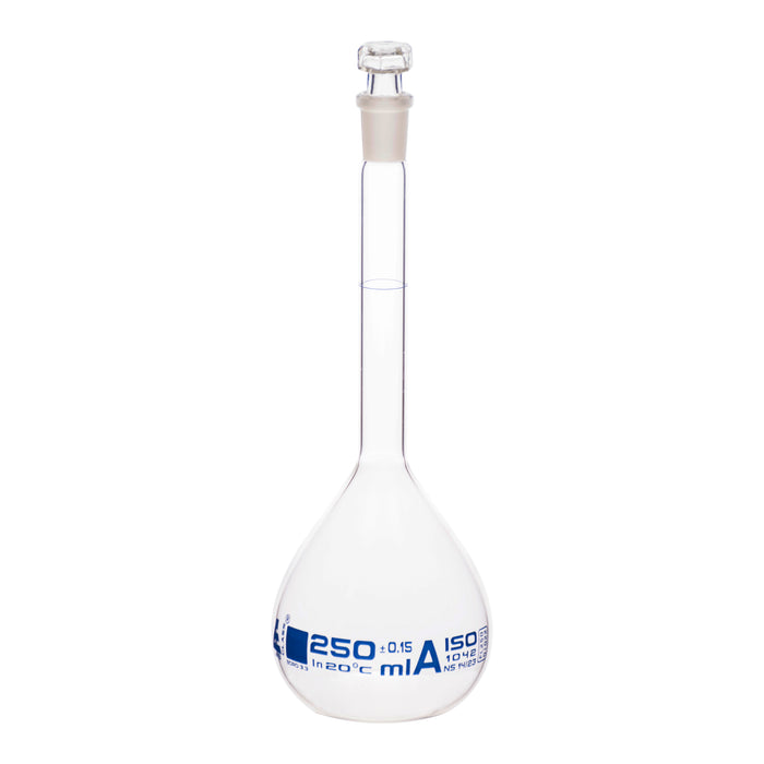 Volumetric Flask, 250ml - Class A - Hexagonal, Hollow Glass Stopper - Single, Blue Graduation - Eisco Labs