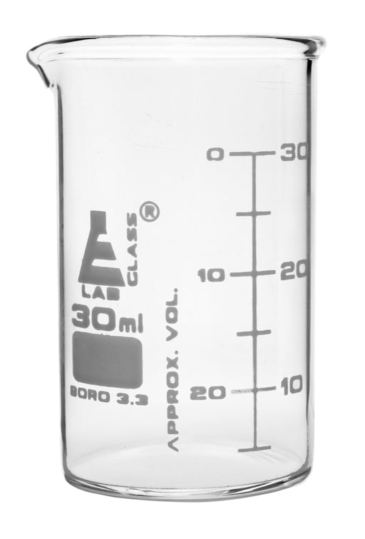 12PK Beakers, 30ml - ASTM - Low Form, Dual Scale Graduations - Borosilicate Glass