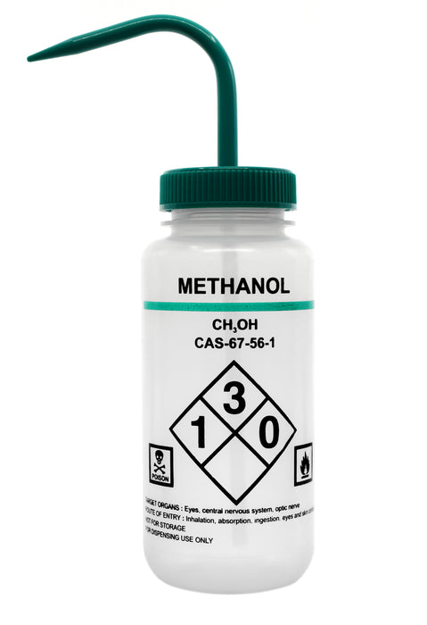 500ml Capacity Labelled Wash Bottle for Methanol - Color Coded Green - Self Venting, Low Density Polyethylene (Discontinued)