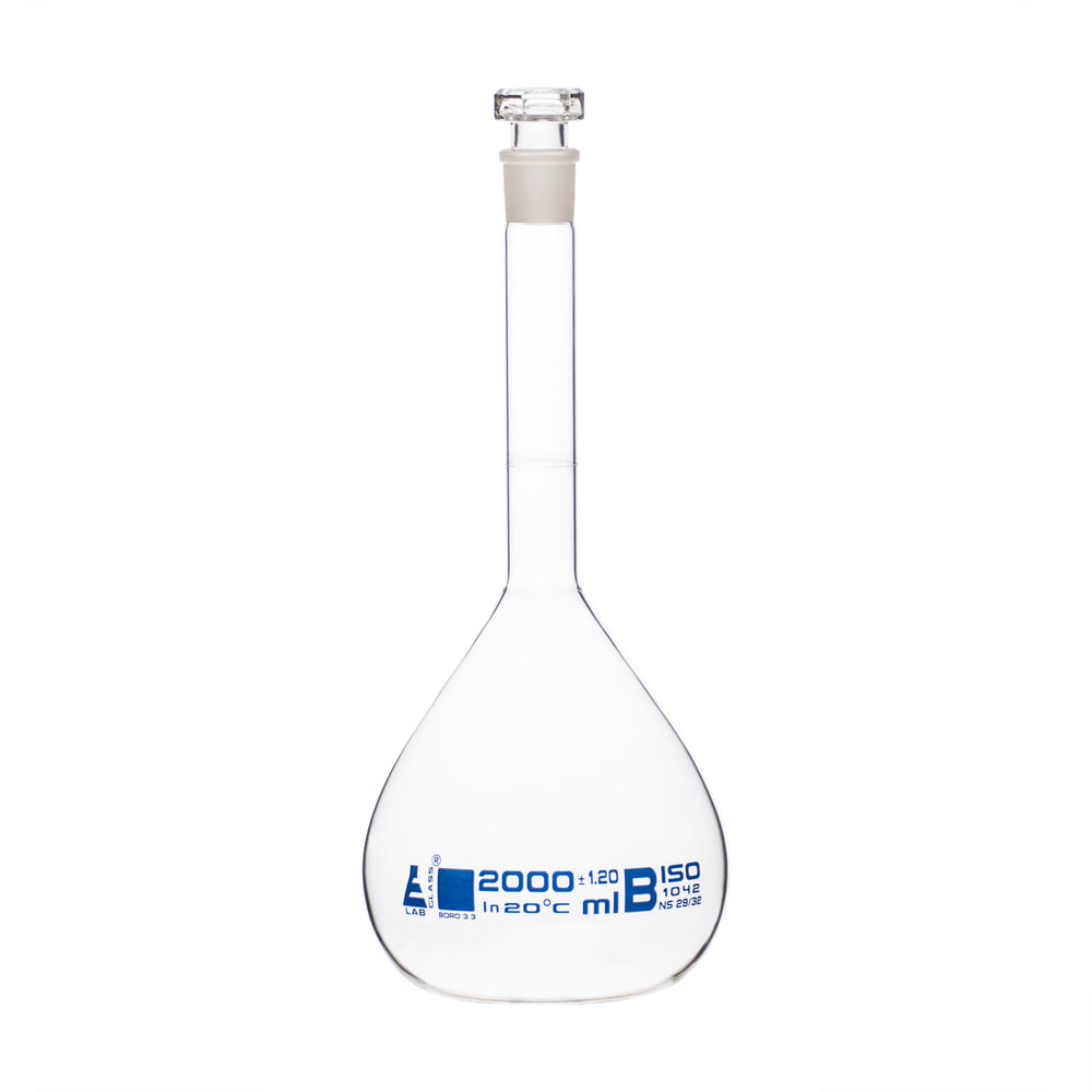 Volumetric Flask, 2000ml - Class B - Hexagonal, Hollow Glass Stopper - Single, Blue Graduation - Eisco Labs